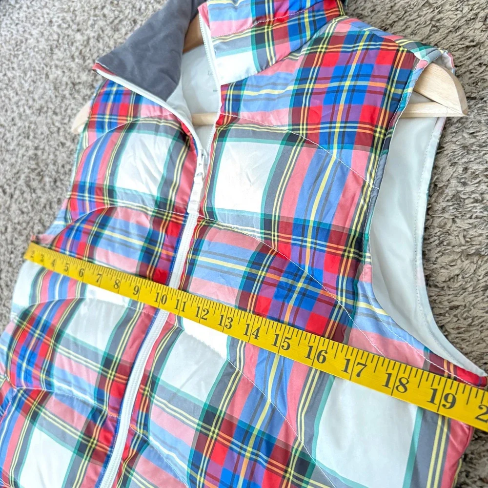 Lands End Womens Plaid Puffer‎ Vest Size Small Red Blue  Zip Front Sleeveless